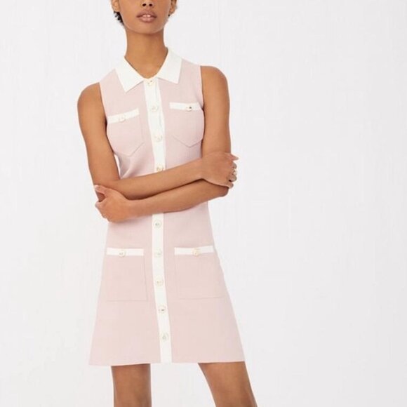 Maje Revisit Contrast Trim Woven Mini Dress Vacation 60s Retro Designer Trendy - Picture 2 of 16